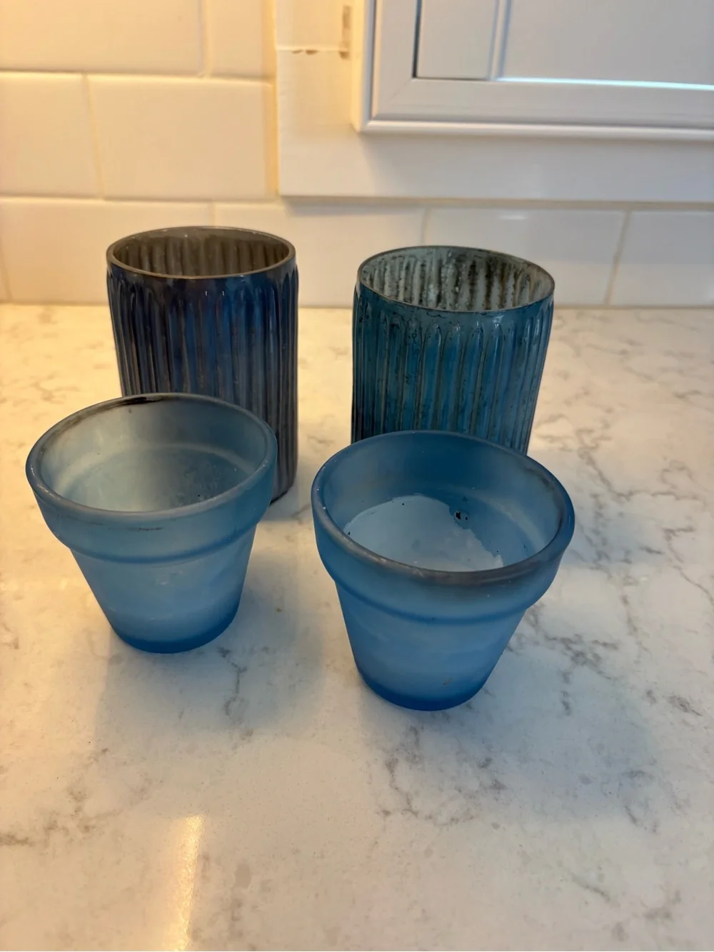 2 pottery barn, 2 unbranded Blue Glass Votive Candle Holders - Set of 4